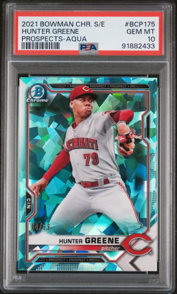 2021 Bowman Chrome Sapphire #BCP175 Hunter Greene /99 PSA 10 Aqua Prospects