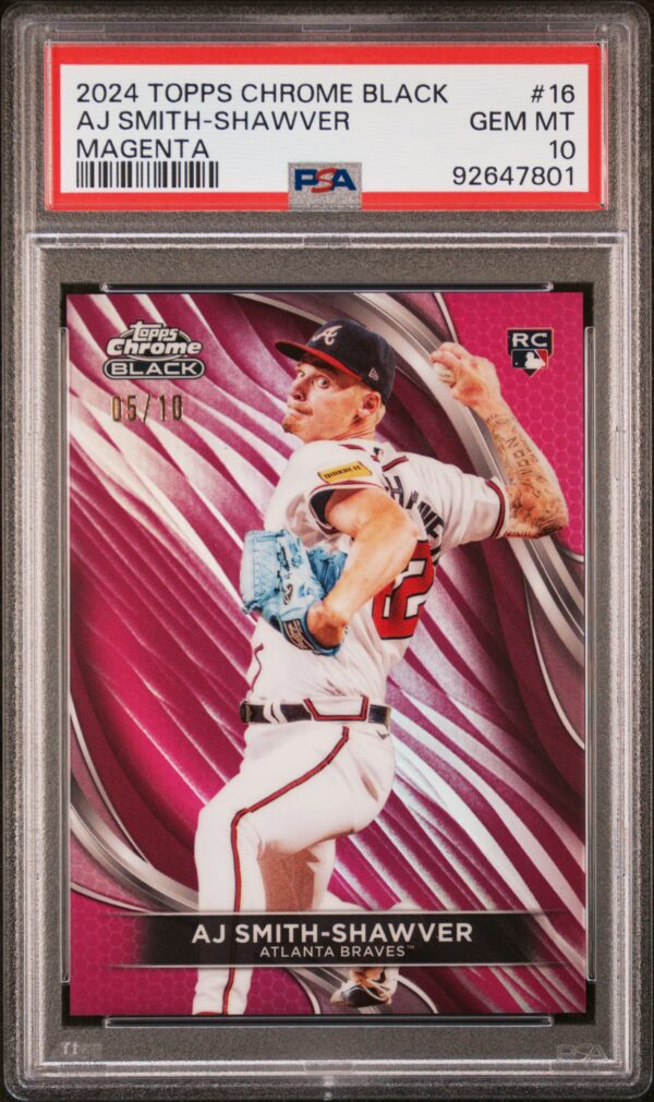 2024 Topps Chrome Black #16 AJ Smith-SHawver RC /10 PSA 10 Magenta Refractor Front