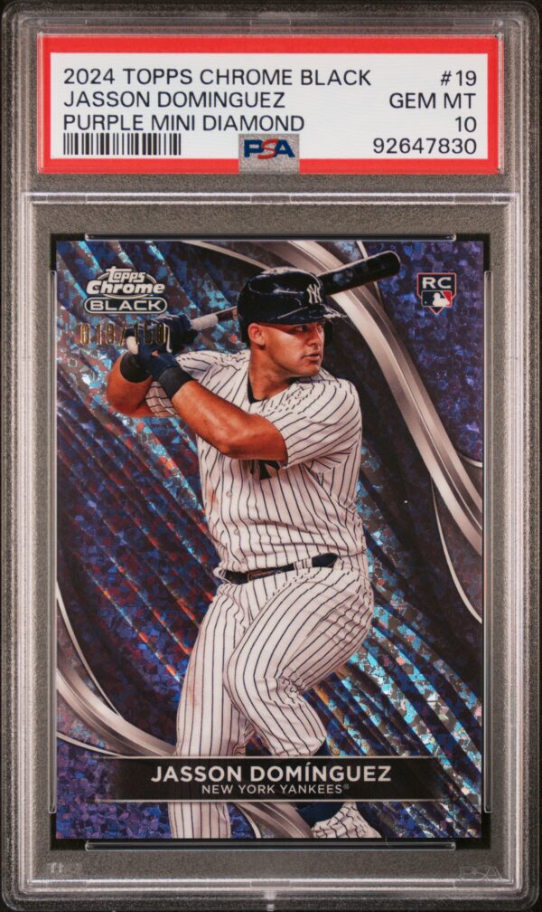 2024 Topps Chrome Black #19 Jasson Dominguez RC /150 PSA 10 Purple Mini Diamond Refractor Front