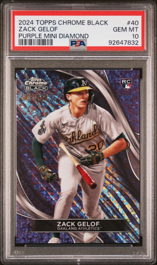 2024 Topps Chrome Black #40 Zack Gelof RC /150 PSA 10 Purple Mini Diamond Refractor Front