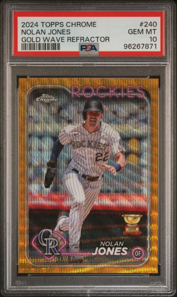 2024 Topps Chrome #240 Nolan Jones /50 PSA 10 Gold Wave Refractor Front