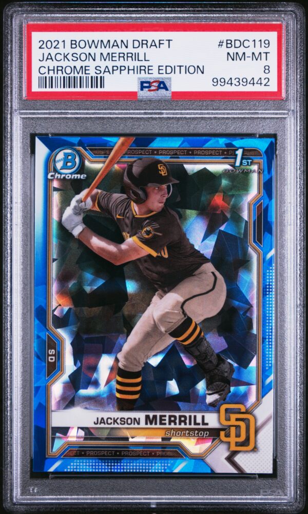 2021 Bowman Draft #BDC119 Jackson Merrill 1st Bowman PSA 8 Sapphire Refractor Front